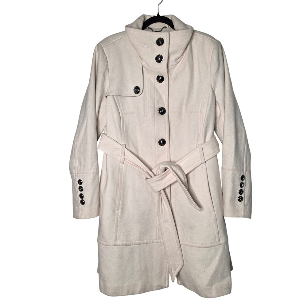 Guess Coat Women M Cream Wool Blend Trench Funnel Neck Belted WJGB2007 WBWW404